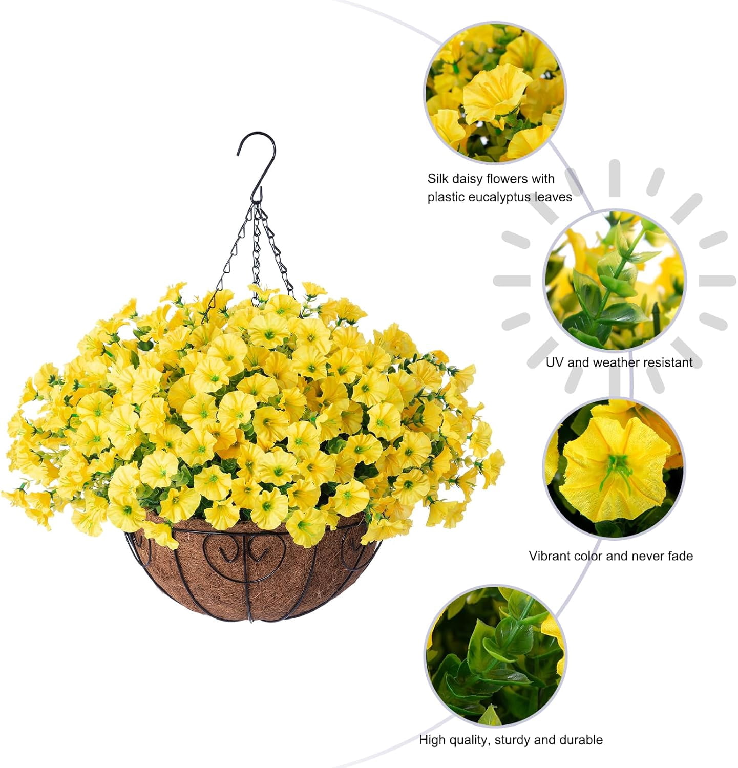 Artificial Fake Hanging Flowers Plants Baskets for Outdoor Outside Summer Decoration, Faux Silk Yellow Morning Glory in Planter UV Resistant Realistic for Home Porch Patio Balcony Garden Yard