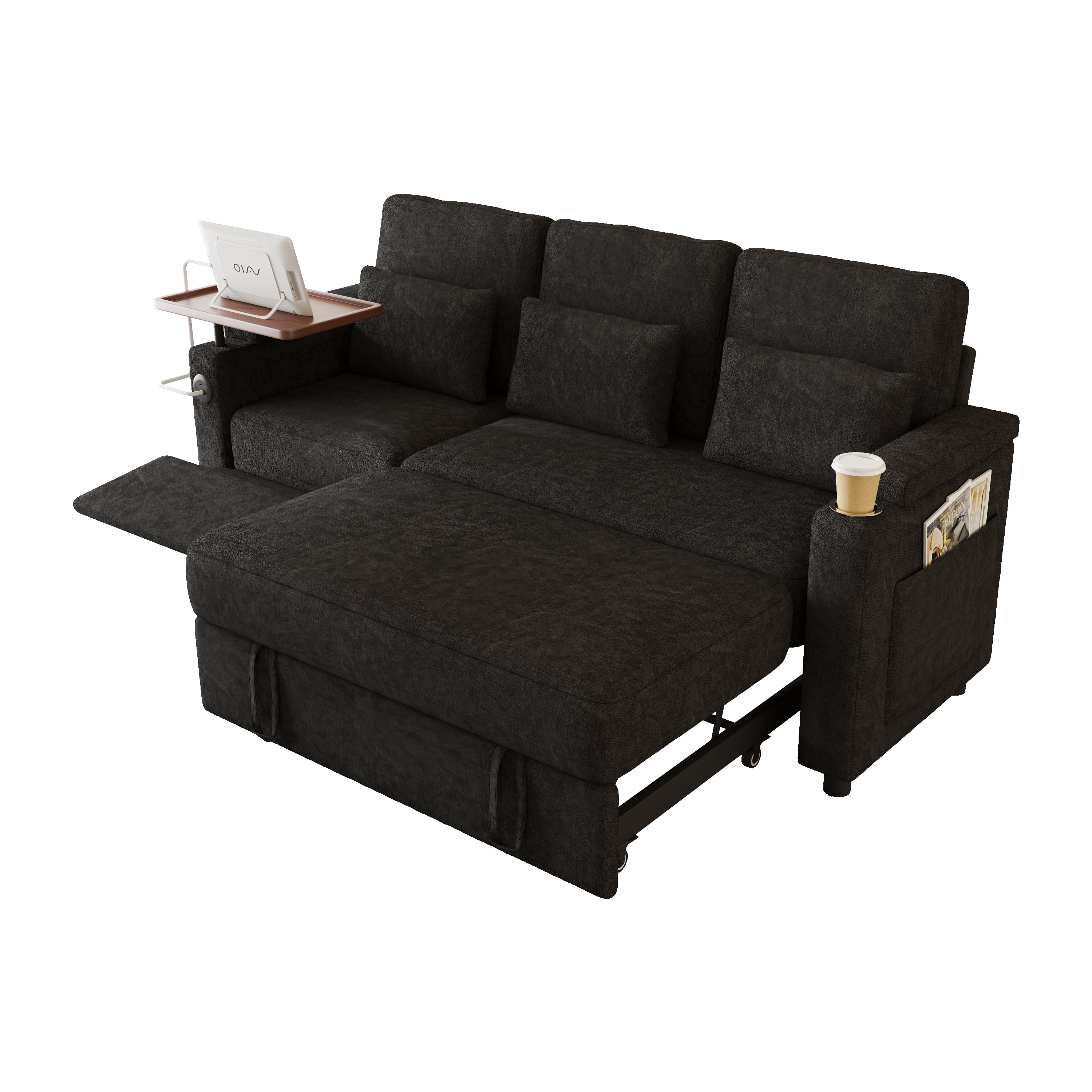 AISWORD 83" 3-in-1 Convertible Pull Out Sofa Bed, 6 Position Adjustable Sleeper Couch with USB Ports, Laptop Table, Cup Holders & Side Storage Pockets, Black