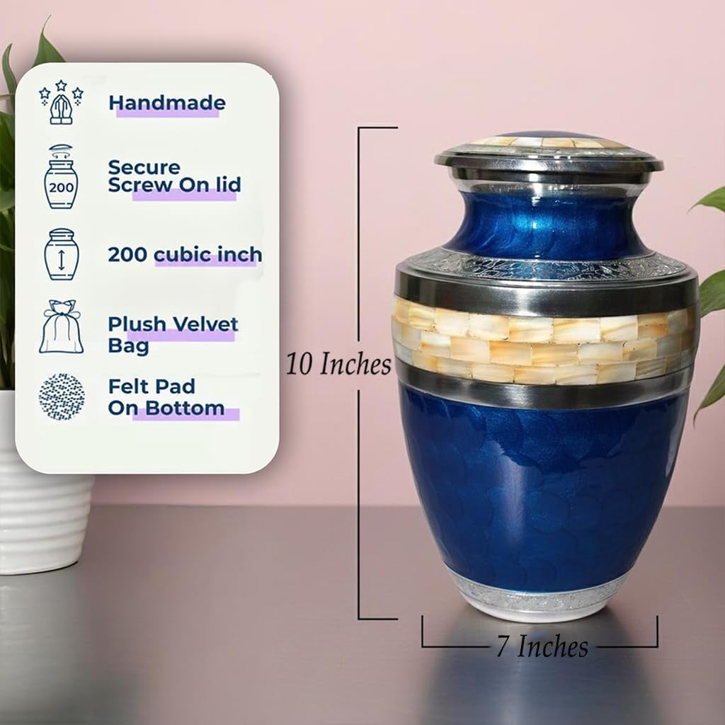 Cresta Modern Cremation Urn for Human Ashes - Handmade Large Adult Urns for Ashes - Funeral Urn for Men & Women - Burial Urns for Home - Aluminum Blue