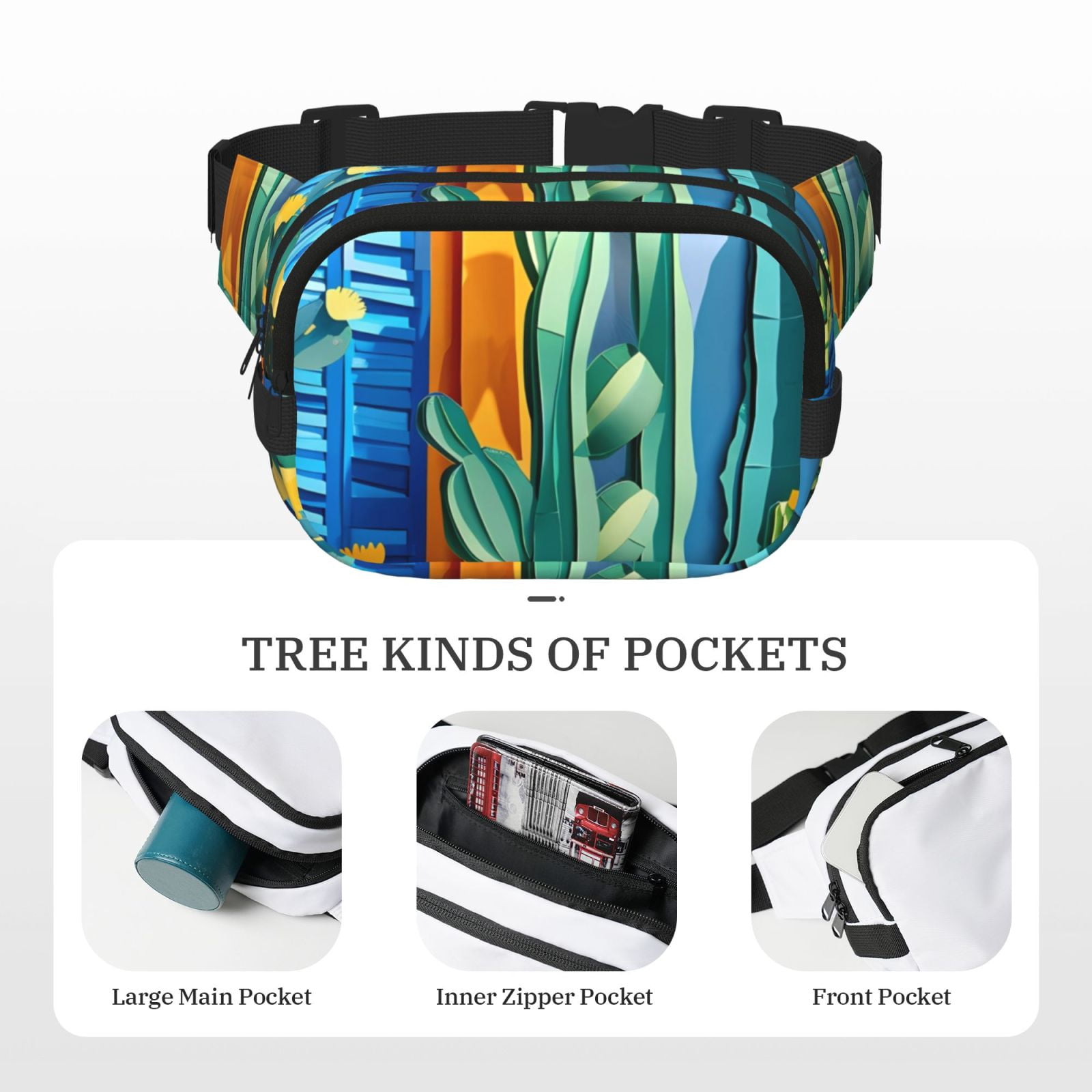 Picia Bright Paper Cactus Scene Print Square Double-Layer Waist Bag Mini Adjustable Waist Belt Bag Exercise Running Travel Hiking