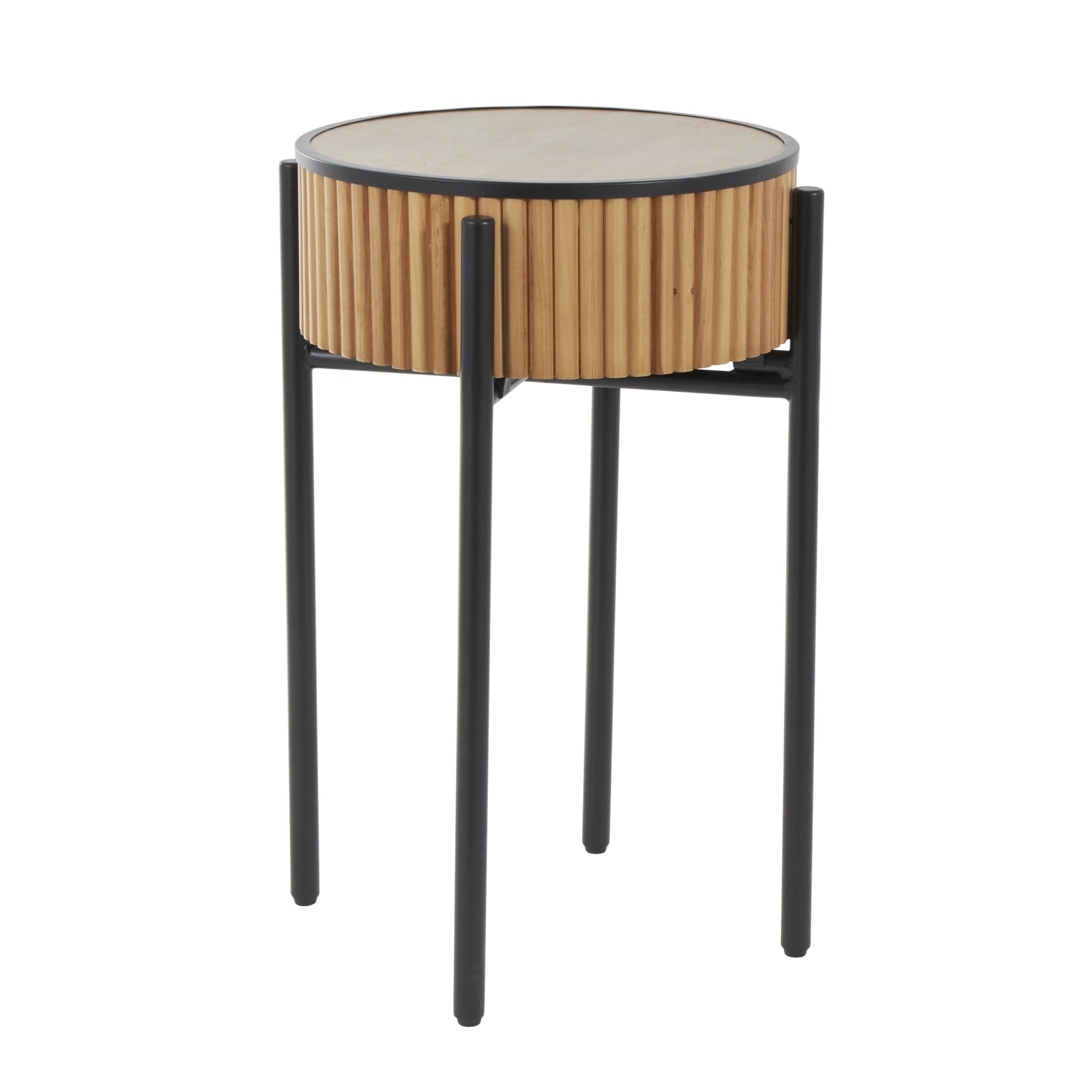 DecMode 18" x 27" Brown Wood Handmade Slatted Drum Accent Table with Black Metal Legs, 1-Piece