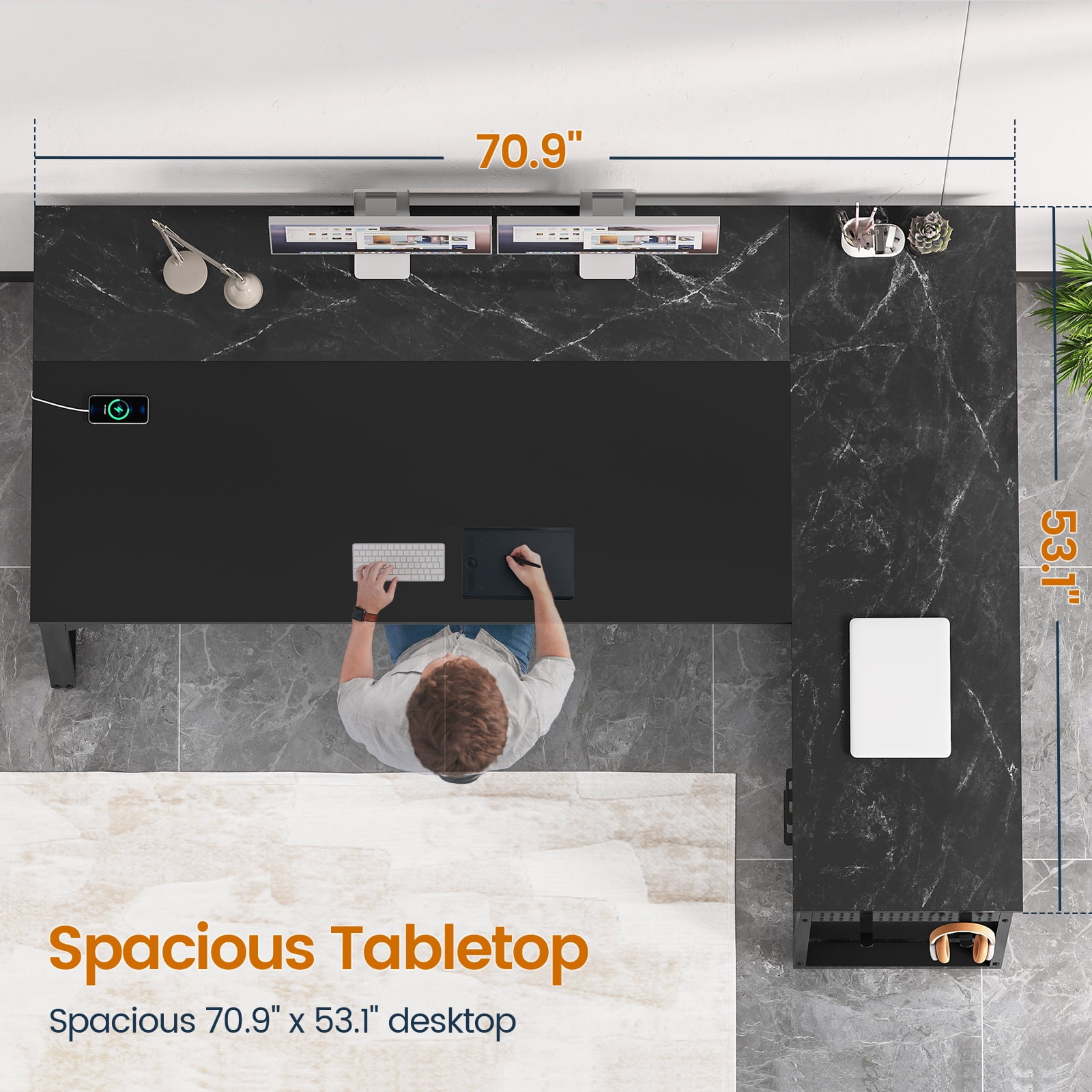 71" L-Shaped Executive Desk with Power Outlets & Mobile CPU Stand, Computer Desk with Storage Shelves, File Cabinet & Pegboard, Corner Desk for Office, Home, Black