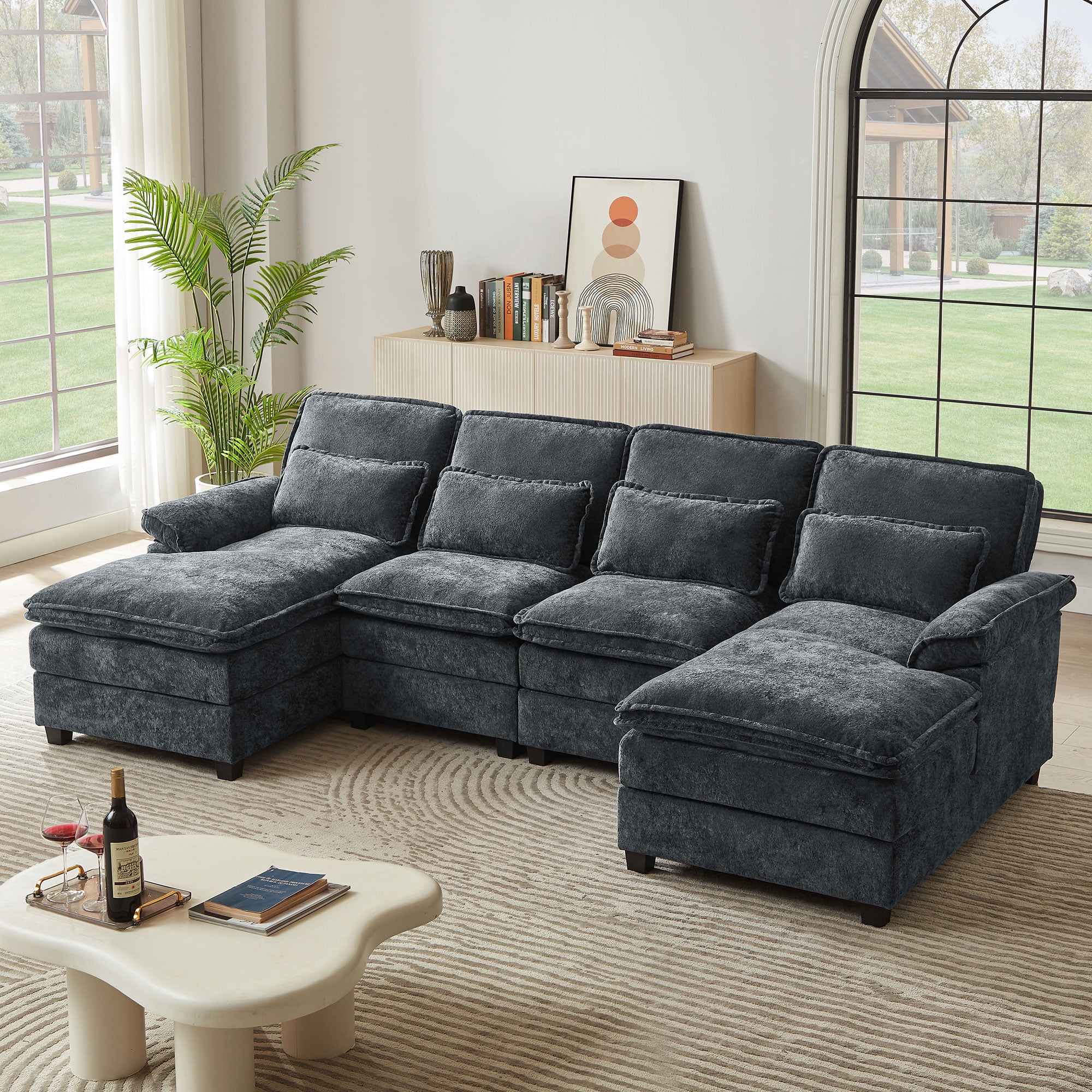 Pingliang Home Oversized Sectional Sofa U Shaped Couch 4 Seat with 4 Waist Pillows,Chenille Upholstery Symmetrical Sleeper Sofa Cloud Couch with Double Chaise Lounge for Living Room Apartment Office