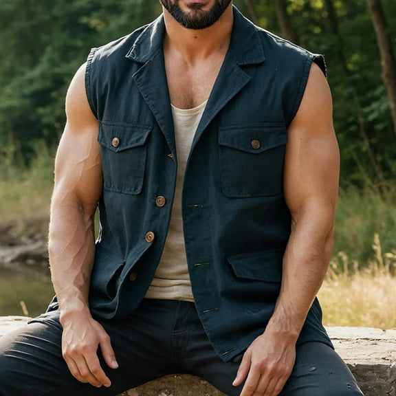 Aueoeo Sleeveless Denim Vests for Mens Casual Slim Fits Button Up Jeans Vests Jacket Classic Outerwear Waistcoats