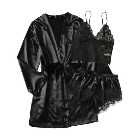 ASFGIMUJ Women  Silk Satin Pajamas Set 3Pcs Lingerie Floral Lace Sleepwear With Robe Size M