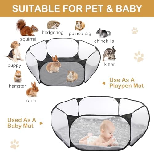 Hamster Playpen with Mat Small Animal Cage Tent Breathable Transparent Guinea Pig Playpen Waterproof Portable Yard Fence Mat Foldable Exercise Playpen Outdoor Indoor (Black,Star)