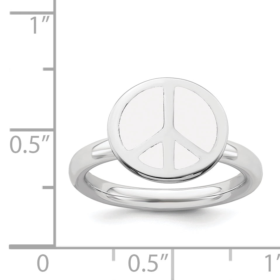 Sterling Silver Polished White Enameled Peace Sign Ring