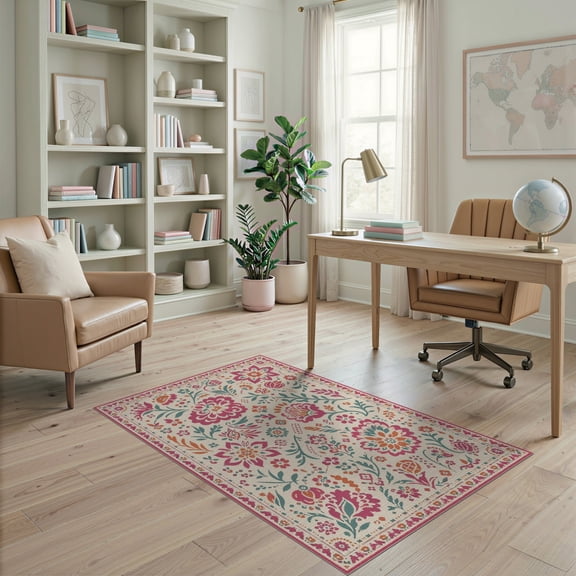 ODIKA 4'x6' Pink Teal Vibrant and Floral Elegance Washable Area Rug Intricate Botanical Patterns with Classic Charm Non-Slip, Chair-Friendly, Flatwoven for Home Office, Under Desk