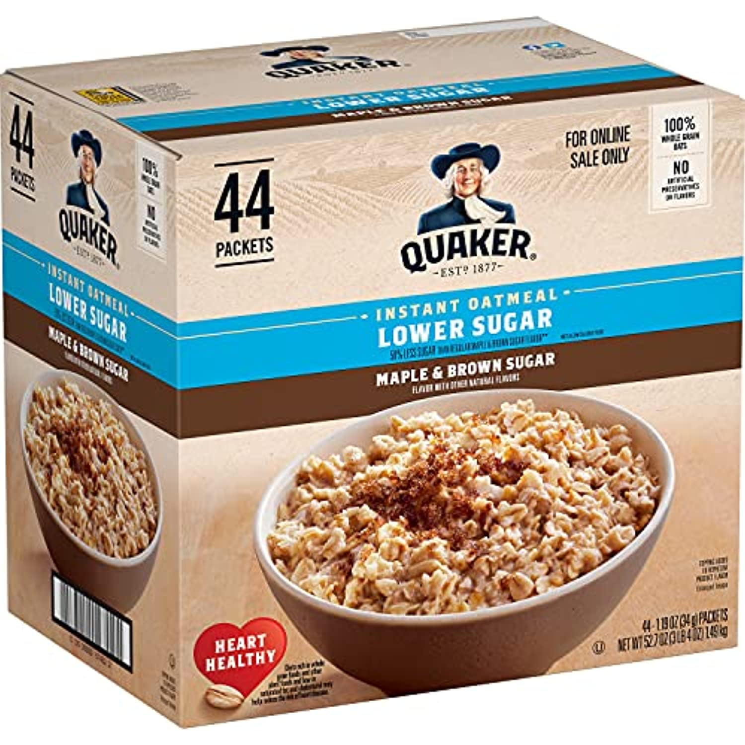 Quaker Instant Oatmeal Lower, Maple & Brown Sugar, 1.19 Oz, Pack Of 44