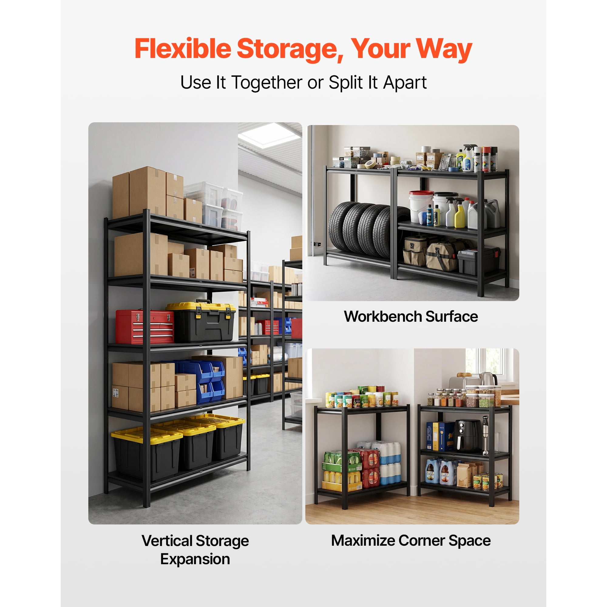 KFFKFF 5-Tier Adjustable Storage Shelves, 3000 lbs Capacity, Heavy-Duty Metal Utility Rack for Garage, Warehouse, Basement, or Kitchen, 40.55" W x 18.31" D x 71.38" H
