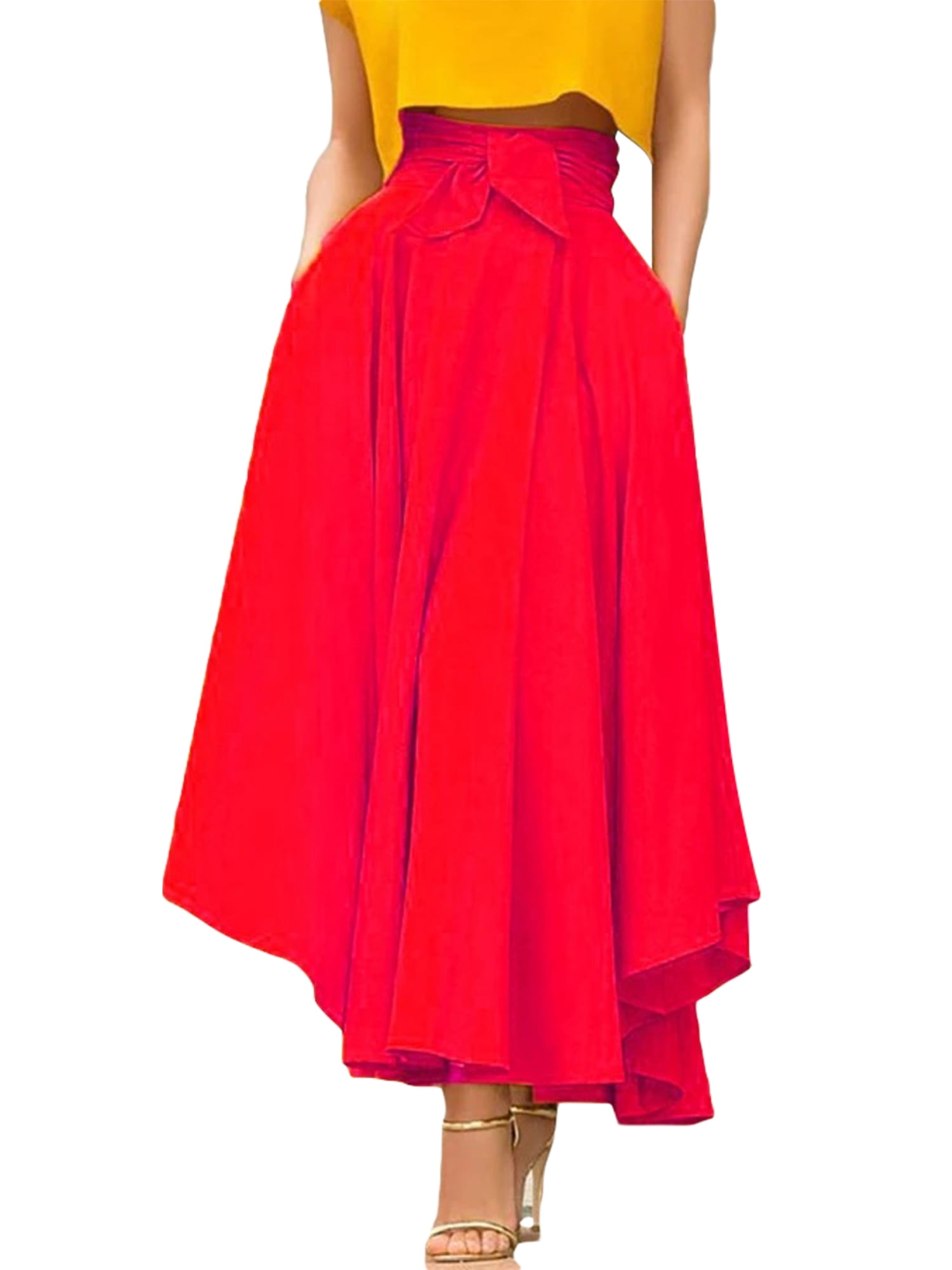 huateng Womens Flowy High Waist Pleated Skirt Bohemian Maxi Dress