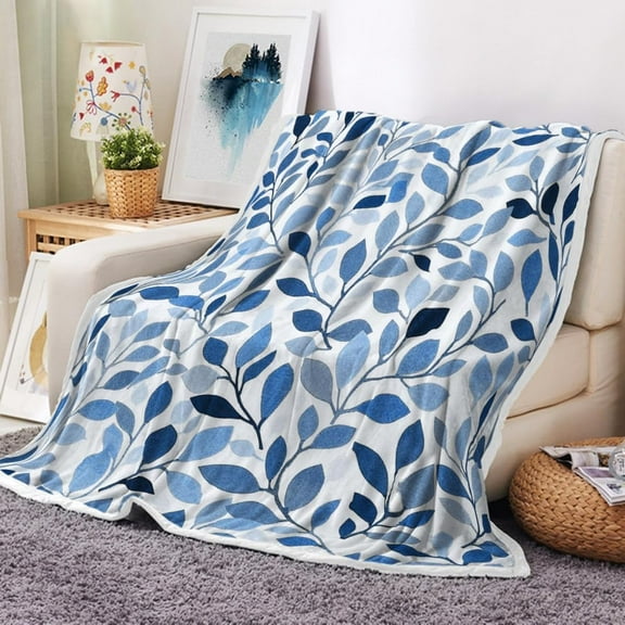 Blue Floral Throw Blanket, Rustic Botanical Flowers Throw Blankets for All Seasons, Floral Printed Soft Fleece Throws for Couch Chair Sofa Home Decor