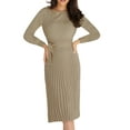 thumbnail image 1 of Sedceaty Women Spring Dress with Waist Belt, Plain Color Long Lantern Sleeve Crew Neck Knitted Pleated Dress, Ladies Fall Midi One-Piece, 1 of 8