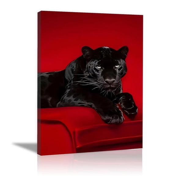 Mudket Black Panther on Red Sofa Red Background Canvas Wall Art, Moody Luxury Wildlife Cool Posters Print Waterproof Canvas for Office Man Cave Home Decor , Framed Ready to Hang - 12"L x 8"W