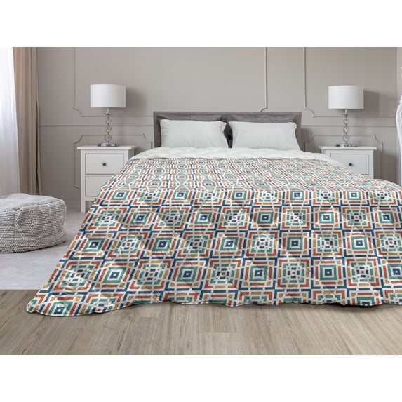 Black and White Down Alternative Comforter, Abstract Composition of Monochrome Geometric Shapes Pattern Grid Squares, Microfiber Quilt for All Season, 5 Sizes, Black White, by Ambesonne