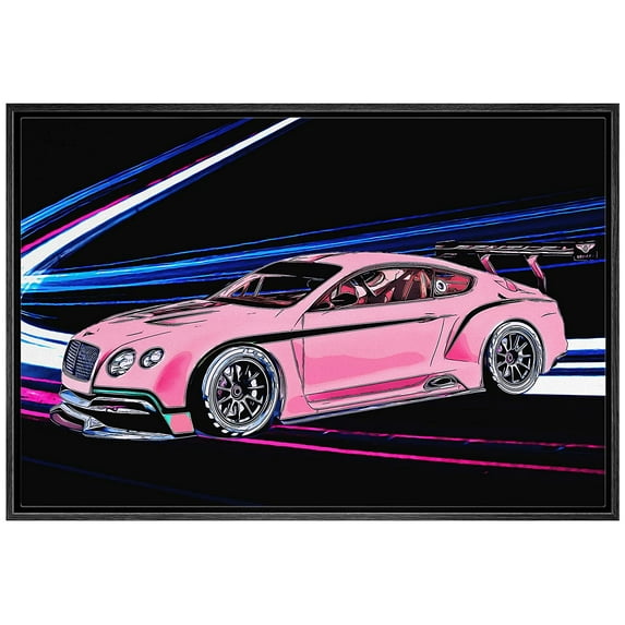 IDEA4WALL Framed Canvas Art Wall Decor Pink Sporty Bentley Continental GT3 with Neon Blue Lights Transportation Cars Illustrations Pop Art Modern 3D for Dorm Home Office - 16"x24"