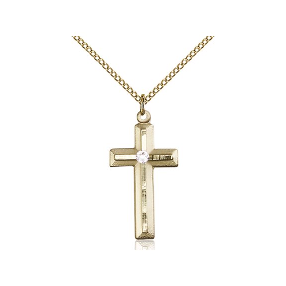 Gold Filled Cross Pendant with 3mm April Swarovski Crystal 1 1/8 x 1/2 inches with Gold Filled Lite Curb Chain