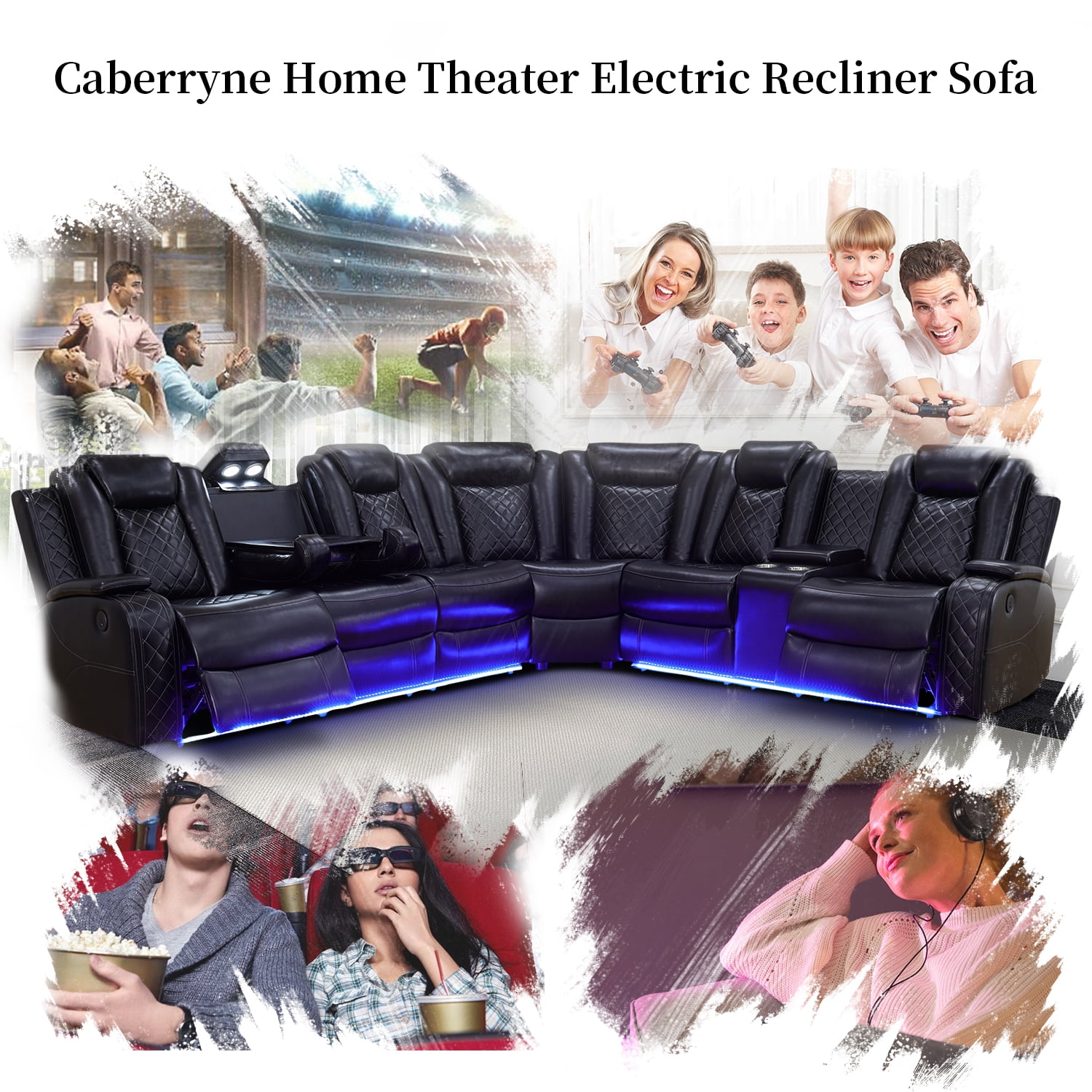 Recliner Sofa Sectional Couches with LED Light for Living Room,Leather Reclining Corner Sectional Sofa with 3 Recliner Seats,Cup Holder,Storage Console for House/Home Theater, Black