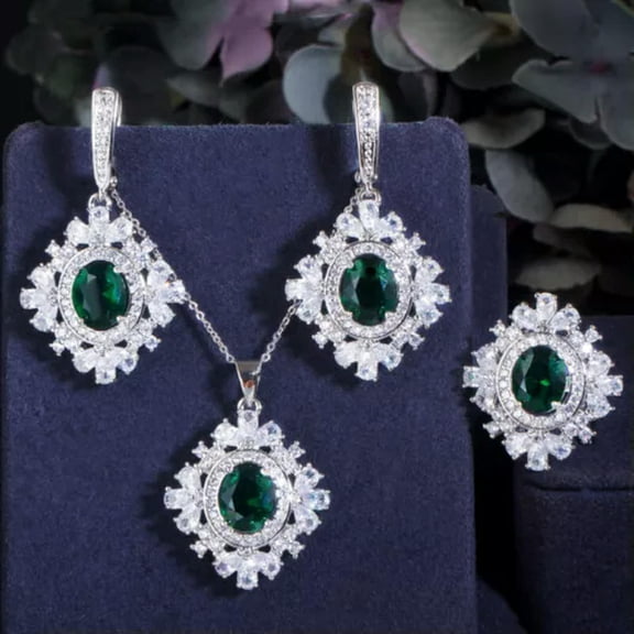 Yellow CZ Big Oval Flower Huggie Earring Necklace Ring Silver Plated Jewelry Set