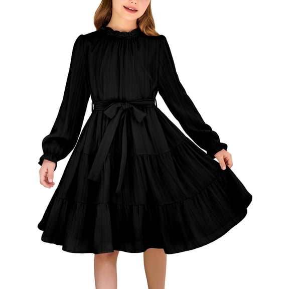 Arshiner Girls Fall Long Sleeve A-Line Dress Elegant Formal Occasion Tiered Swing Dress with Belt