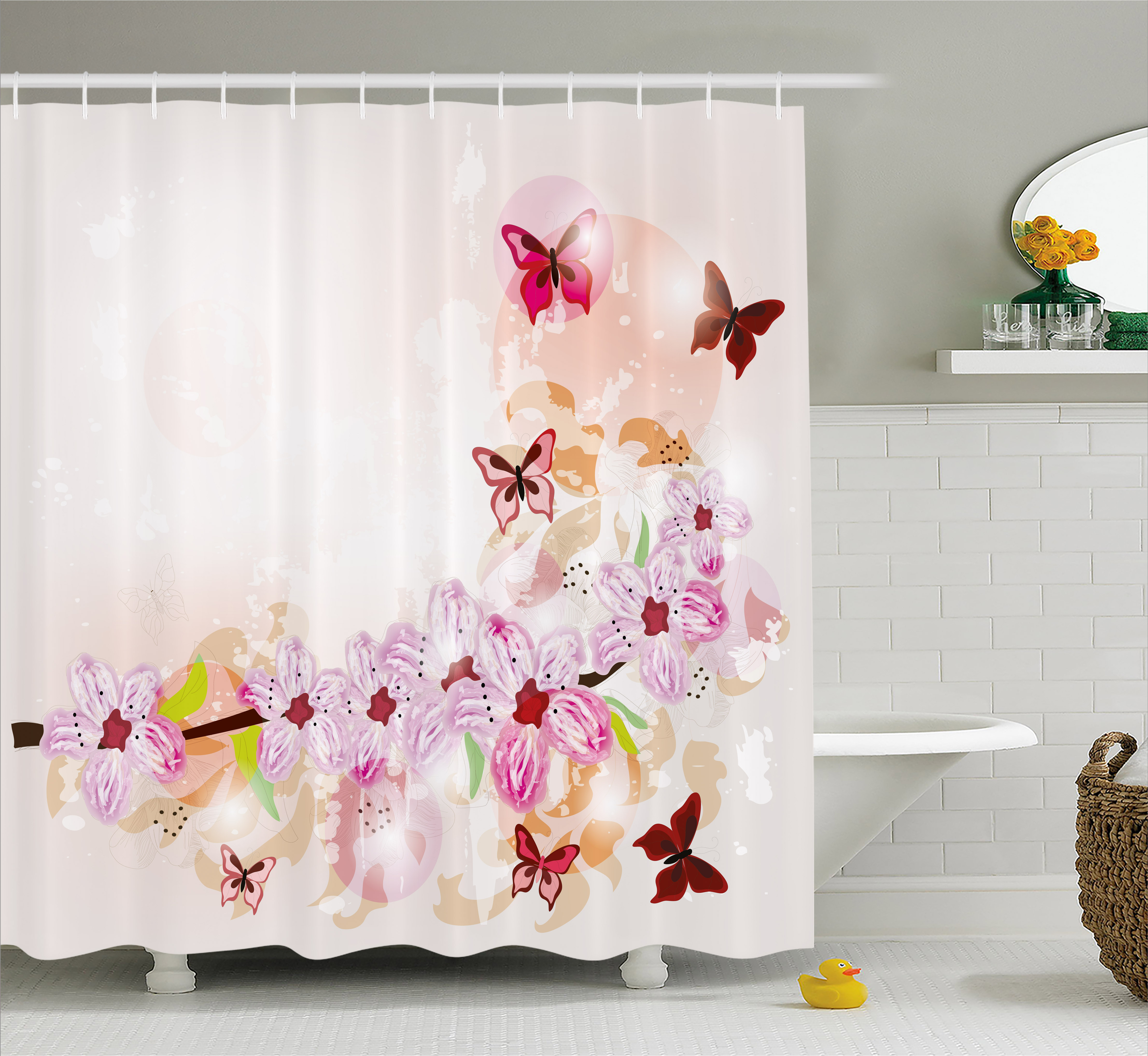 Peach Shower Curtain, Artistic Spring Flower Arrangement with Cute