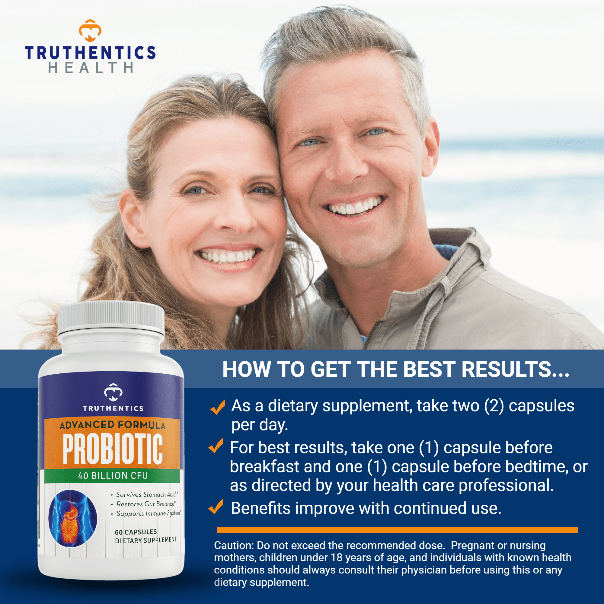 Truthentics Probiotic 40 Billion CFU with Acidophilus, Prebiotics, Gluten-Free, 120 Capsules, 2 Pack