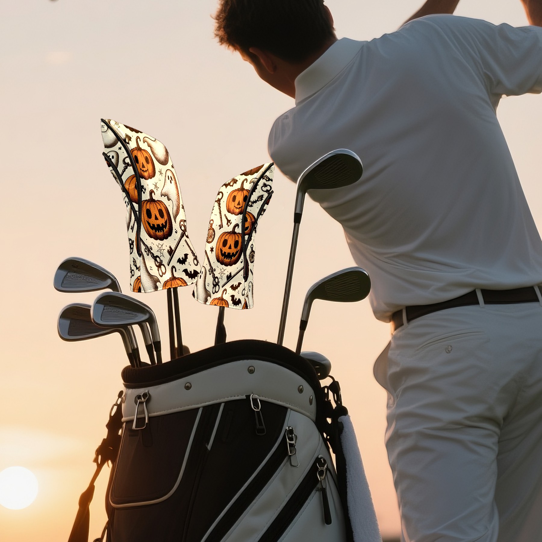 Golf Club Covers, Brown Pumpkin Ghost Key Premium PU Leather Driver Hybrid Putter Head Covers with Velvet Lining, Waterproof Golf Gifts for Men Women