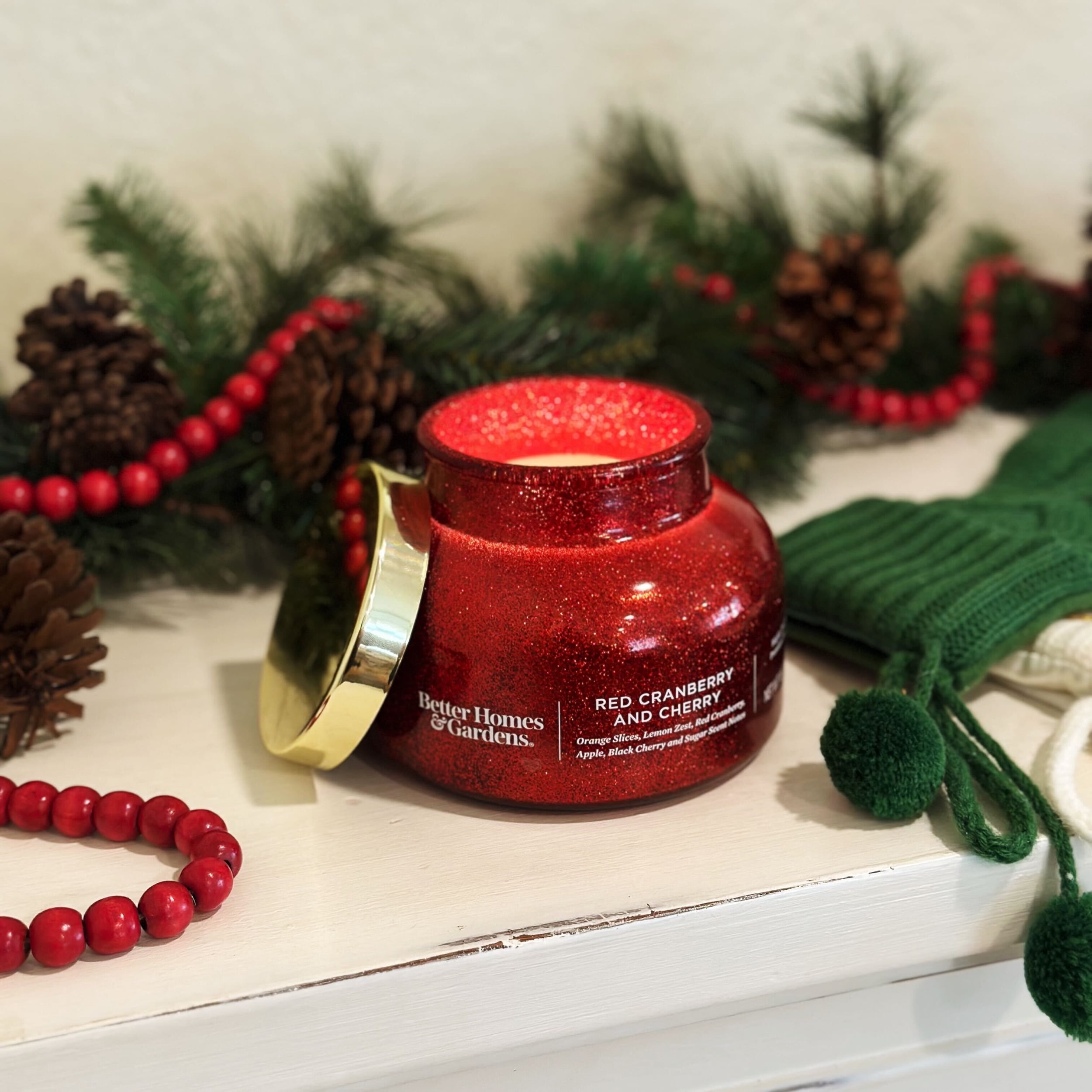 Better Homes & Gardens Red Cranberry and Cherry Scented 2 Wick Glitter 18oz Jar Candle