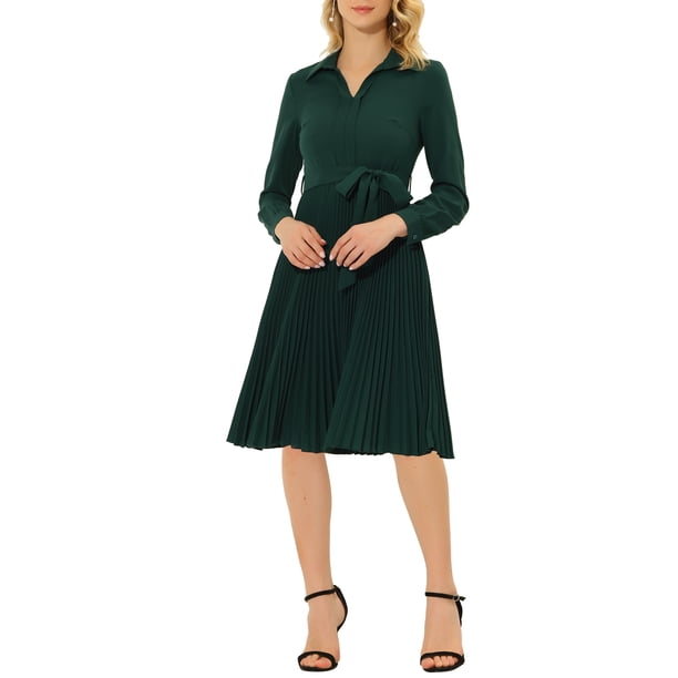 INSPIRE CHIC Vestido de Camisa de Chifón con Cuello en V, Manga Larga, dobladillo plisado y cinturón, S Verde Oscuro