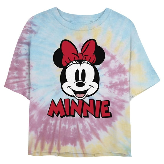 Juniors' Mickey & Friends Retro Minnie Mouse Big Face Graphic Cropped T-Shirt Blue/Pink/Light Yellow Small
