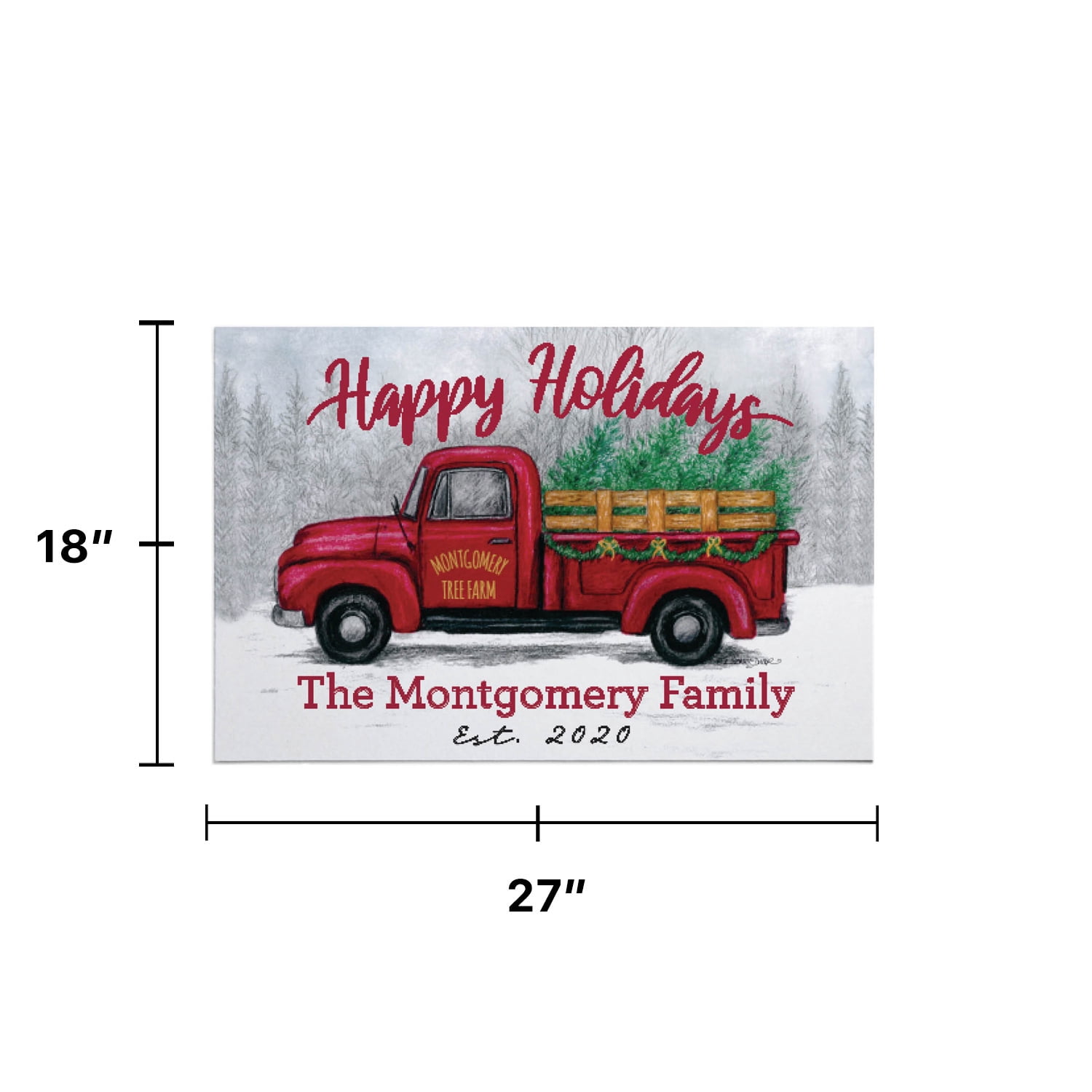 Personalized Planet 27x18 Happy Holidays Red Christmas Tree Vintage Farm Tuck Doormat with Custom Personalization Printed on Rectangular 1/8” Thick Non Slip Mat for Kitchen Hallway Deck or Porch