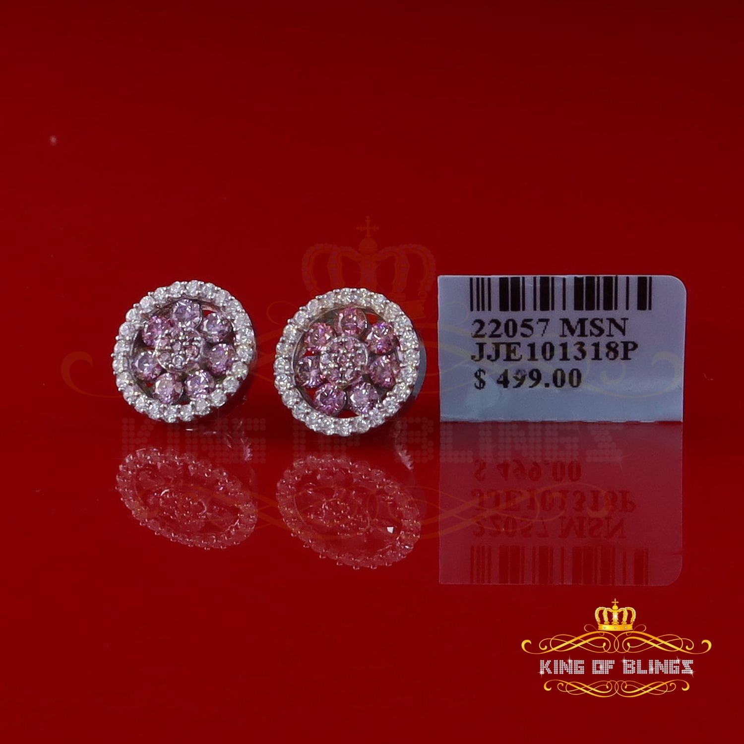 King of Bling's 925 Silver White 1.50ct VVS 'D' Pink Moissanite Round Mens/Women's Stud Earrings