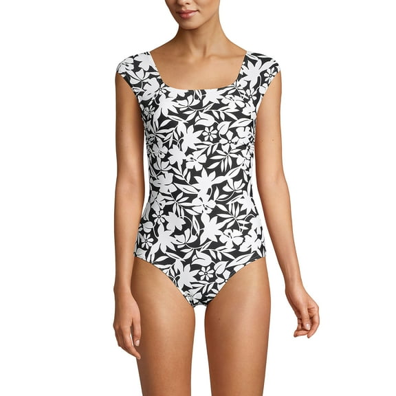 Lands' End Women's Long Chlorine Resistant Tummy Control Cap Sleeve X-Back One Piece Swimsuit