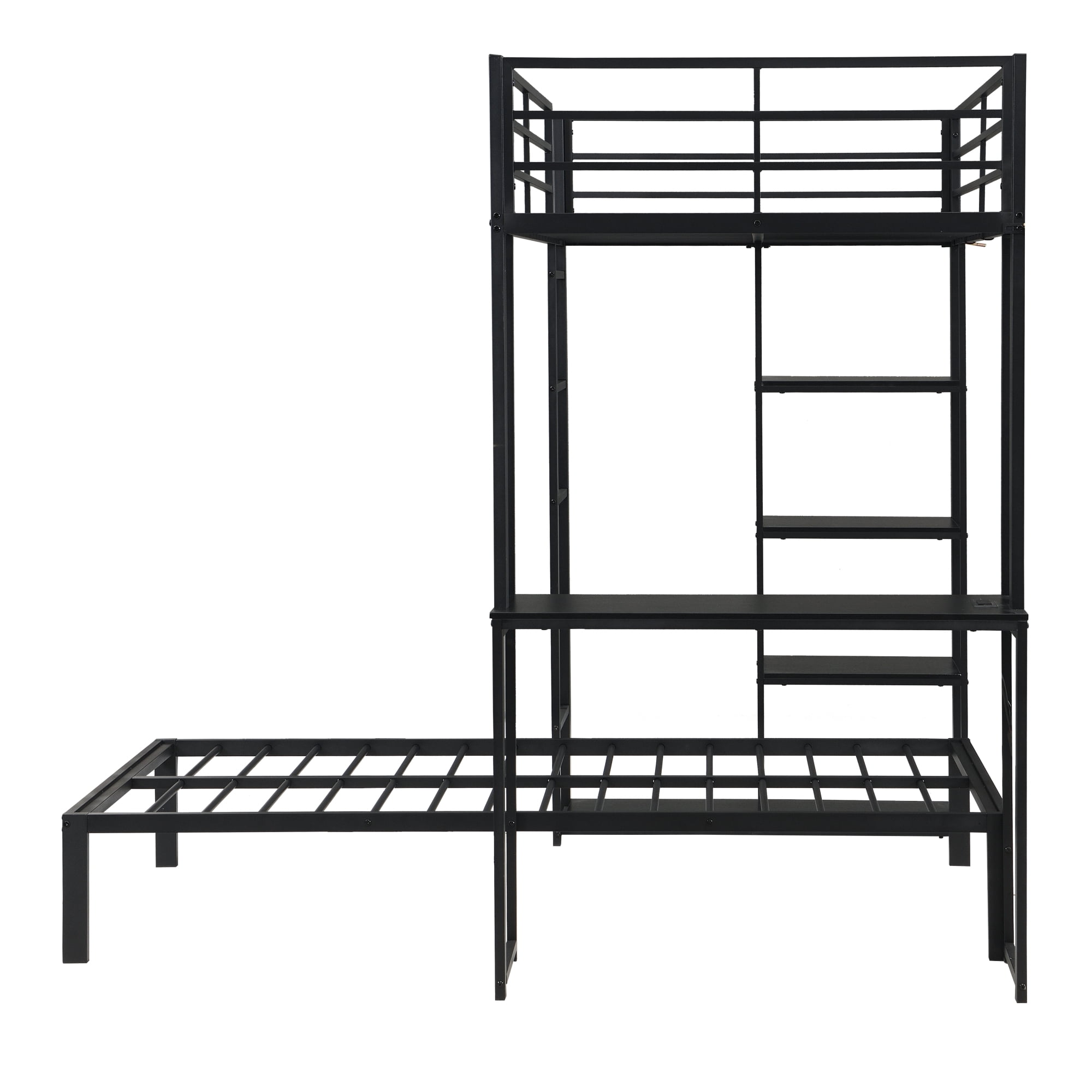 Leumius Twin over Twin Metal Loft Bed Frame with LED Light Strip, Side Storage Shelves & Built-in Desk, Metal Bunk Bed for Dorm Apartment Guest Room