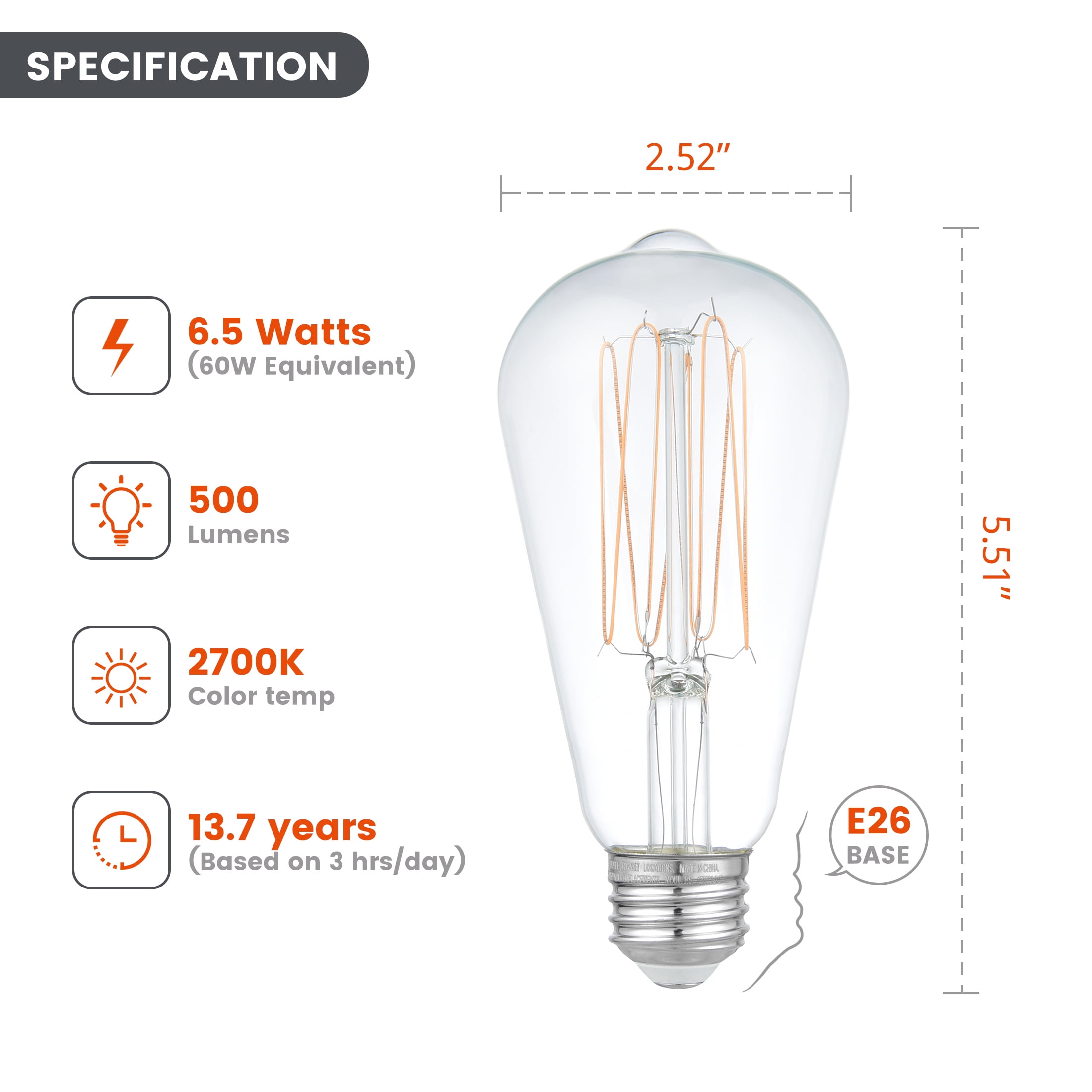 (2 pack) Better Homes & Gardens 6.5W (60W Equivalent) Soft White Dimmable ST19 Thin Filament Light Bulb E26 Base 2 Pack