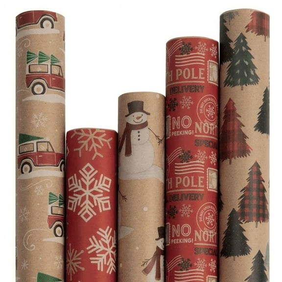 JAM Paper Christmas Kraft Gift Wrap, Multi-Color, (5 Rolls) 125 Sq ft.