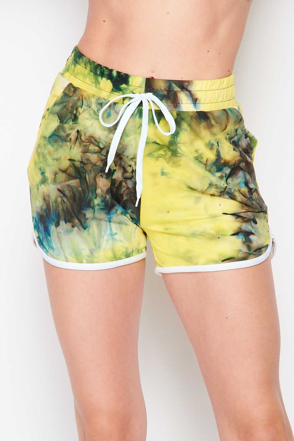Juniors' Shorts Celebrity Tie Dye Yellow Drawstring Dolphin Shorts with