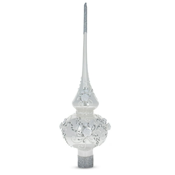 White Roses and Pearls on Glossy White Glass Christmas Tree Topper 11 Inches