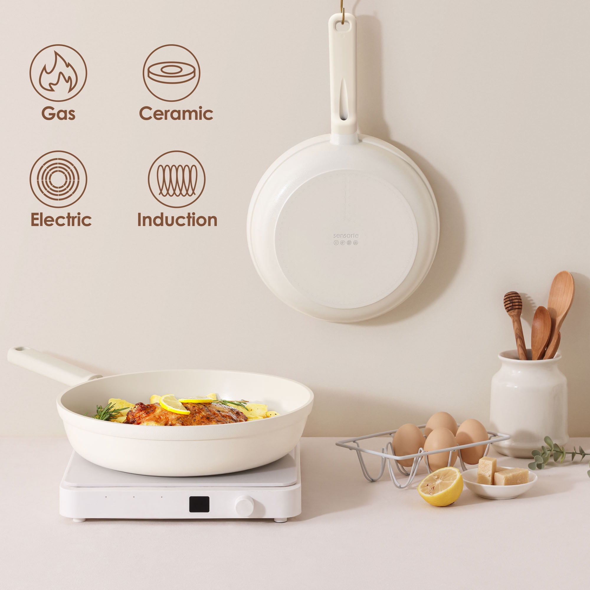 SENSARTE 8 Inch Ceramic Frying Pan Skillet, White Nonstick Omelet Pan, Healthy Chef's Pan, Kitchen Egg Pan with Anti-Scald Handle, Dishwasher Safe, Induction Compatible