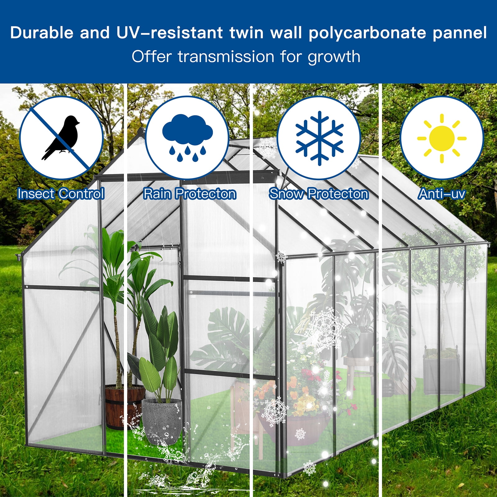Polycarbonate Greenhouse, Walk In Greenhouse With Drainage System & Galvanized Base, Sliding Door, Adjustable Roof, Rust-proof Aluminum Alloy Frame Walk-in Greenhouses