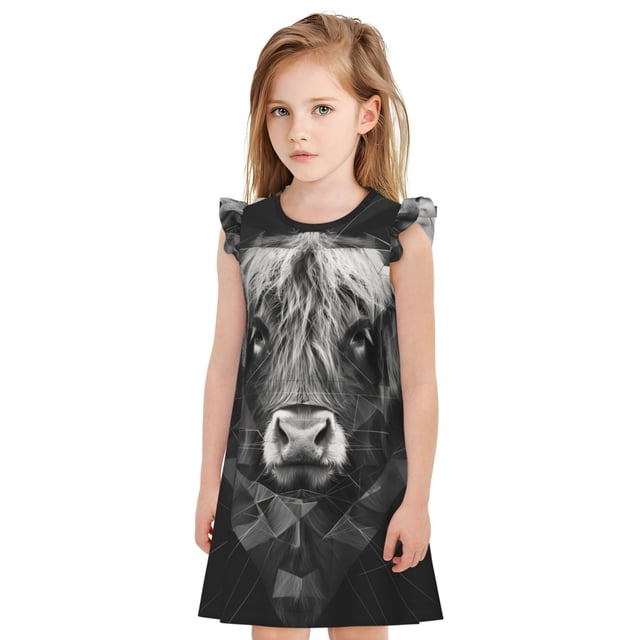 Balery Geometric Bull Design Camisón de princesa para niñas, pijama de algodón con mangas abullonadas, suave y bonito.-Medium