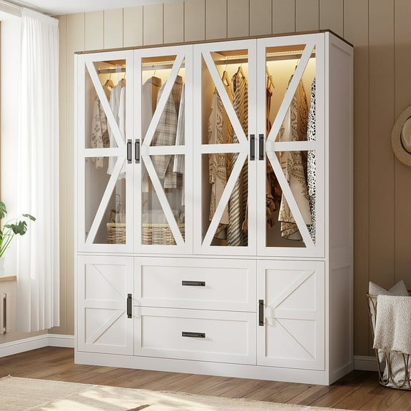 Large Wide for Clothes, 74.8" Tall Framhouse Closet Storage Cabinet with Doors and Storage Shelves,Wardrobe Closet with Drawers and Adjustable LED Light for Bedroom,White