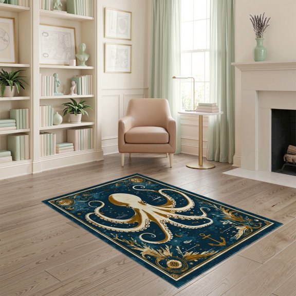 ODIKA Octopus Koi Vintage Nautical Tentacle Compass Border Cartoon Non-Slip Chair-Friendly for Home Office, Gaming Room, Under Desk
