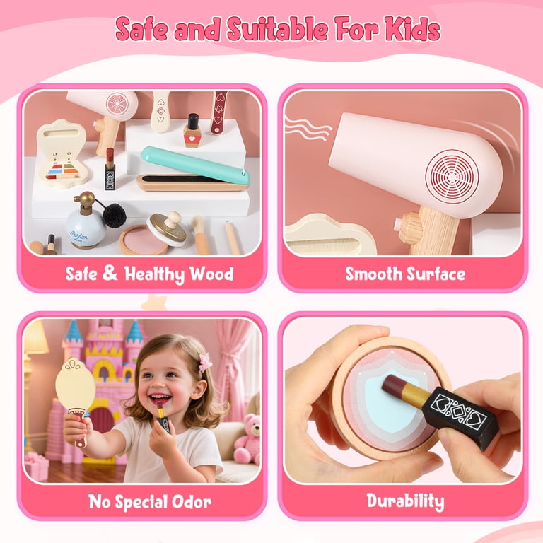 Flooyes Makeup Kit For Little Girl, Wooden Makeup Toy Set With