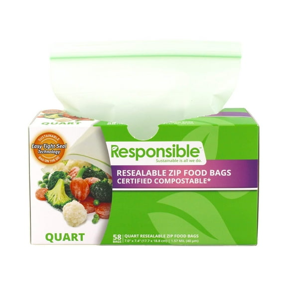 Responsible Products Certified Compostable QUART Resealable Zip Bag, Extra Strength Food Bags, Plant-Based Freezer-Safe (58 Pack)