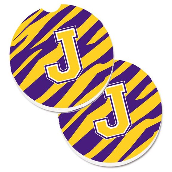 Letter J Monogram Tiger Stripe Purple & Gold Set of 2 Cup Holder Car Coaster