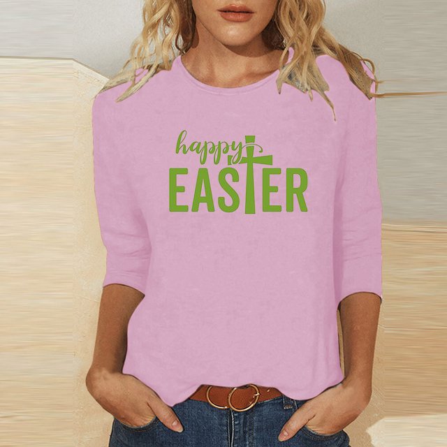 Daisyyozoid Chemise de Pâques pour Femmes Mode Décontractée de Noël Imprimée Col Rond Blouse Manches 3/4