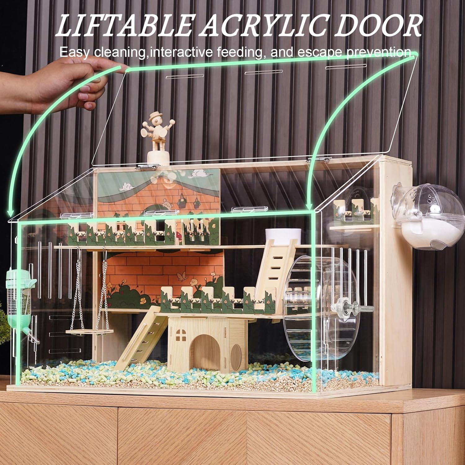 11 in 1 Wooden Hamster Cage with All Accessories, 15.8 Inch 3-Layer Dwarf Hamster Cage Acrylic,Small Animal Cages, Pastoral Style Mouse Cage for Pet Mice, Hedgehog, with Stairs, Fences and Swing