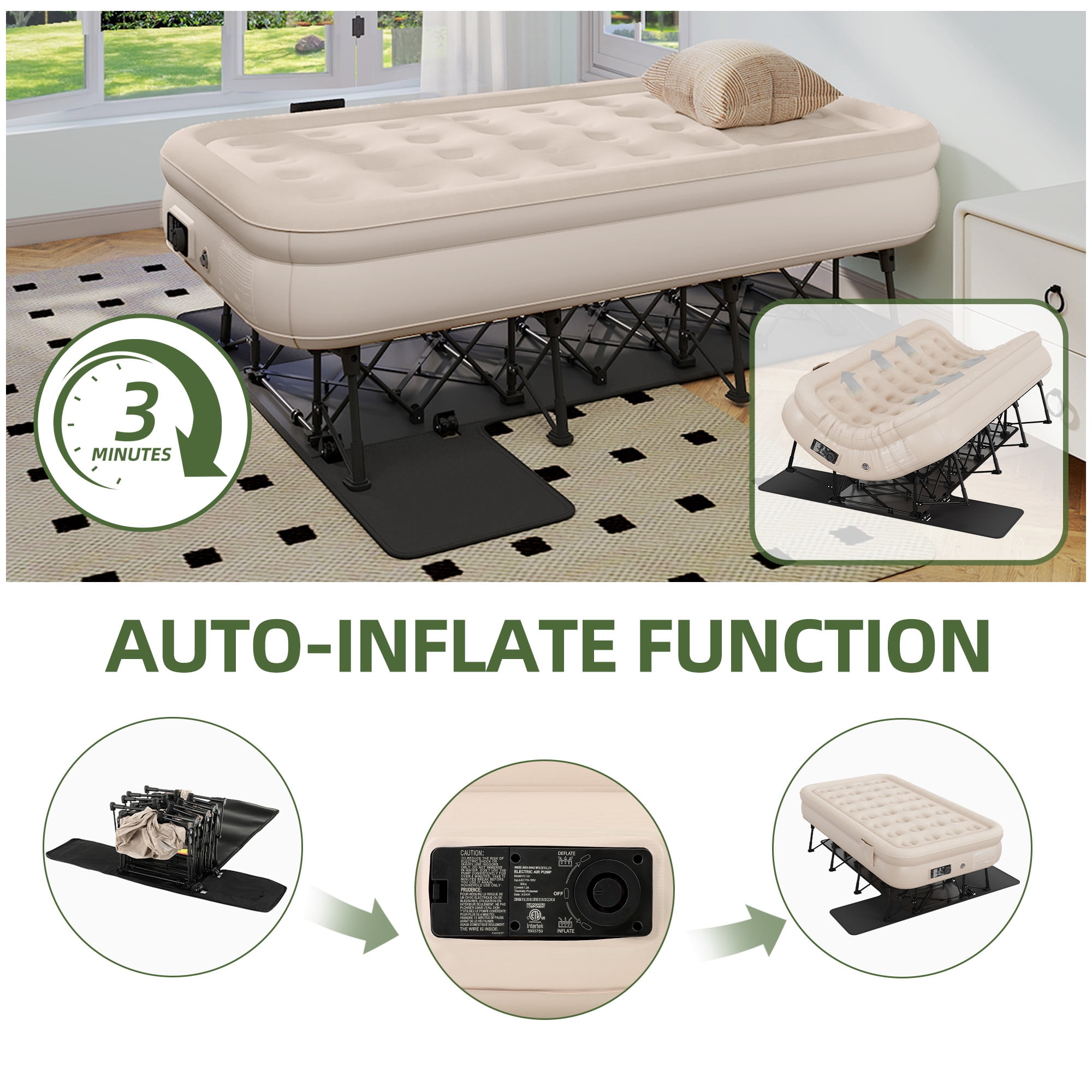 Uforic Twin Inflatable Air Bed with Folding Frame and Rolling Bag, Built-in Pump Blow Up Mattress, Portable Air Mattress for Camping, Guest Room and Travel, 75 x 39 x 24 Inches, Brown