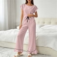 thumbnail image 2 of Tqcoqu Women's 2 Piece Pajama Set, Round Neck Ruffle Short Sleeve Contrast Piping & Drawstring Ruffle Hem Wide Leg Pants, Loungewear Sleepwear for Women, 2 of 6